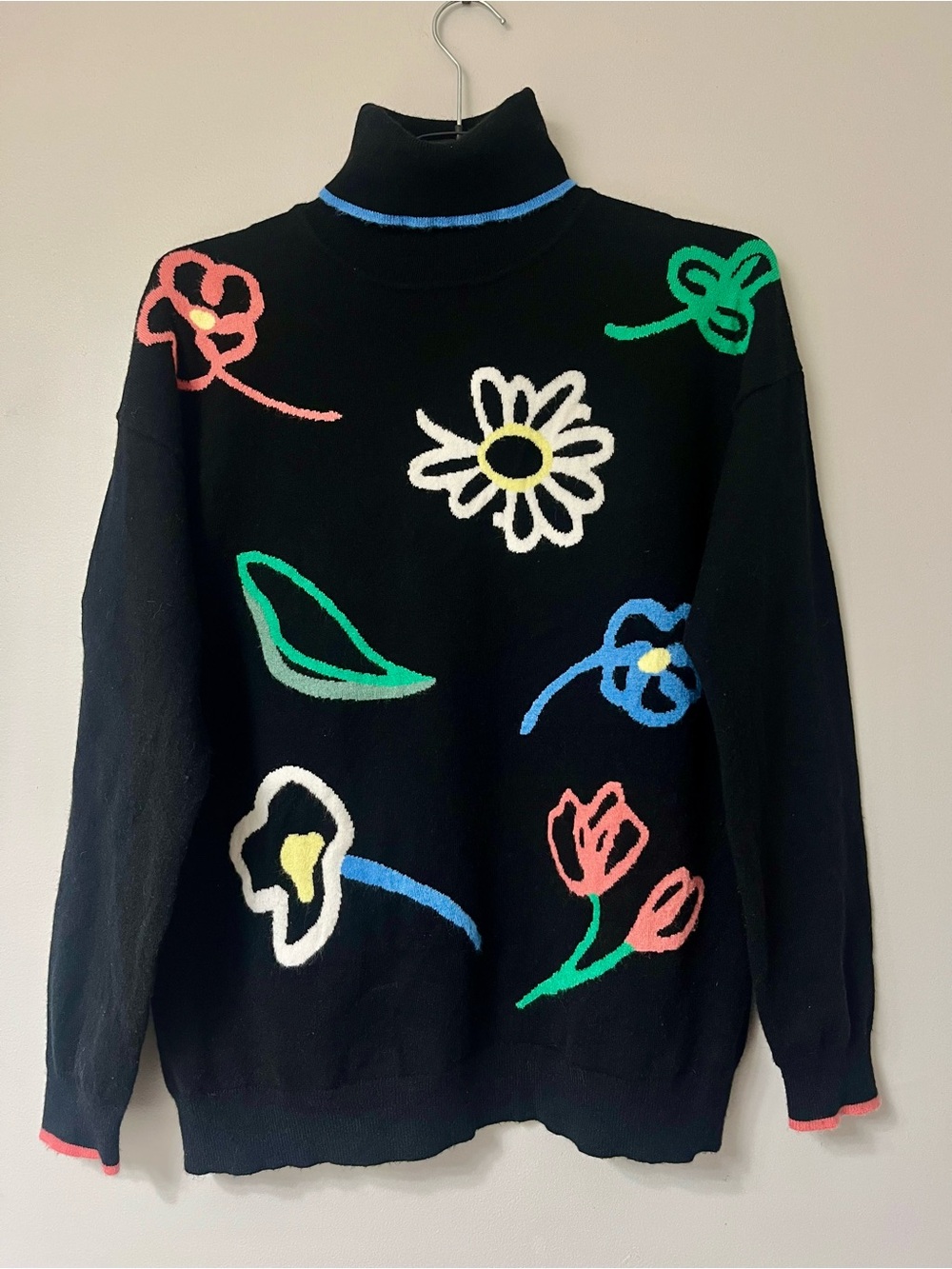 Leo & Ugo Paris Hand-Drawn Floral Knit Turtleneck Sweater - Size 2 (US 8 / M)